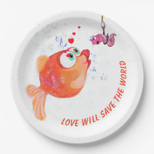 Assiettes en papier drôle Poisson et Ver Amour