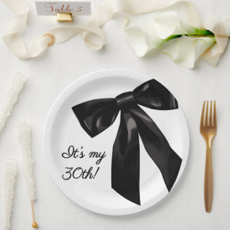 Assiettes en Papier Élégant Nœud Noir 30e Annivers