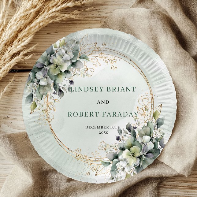 Assiettes en papier Eucalyptus Vert Or Aquarelle (Watercolor Green Gold Eucalyptus Paper Plates)