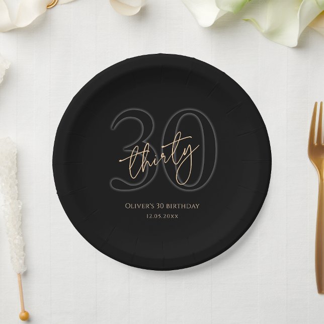 Assiettes en Papier Fête d'Anniversaire 30 ans Or  (Modern Black Gold 30th Birthday Party Paper Plates)