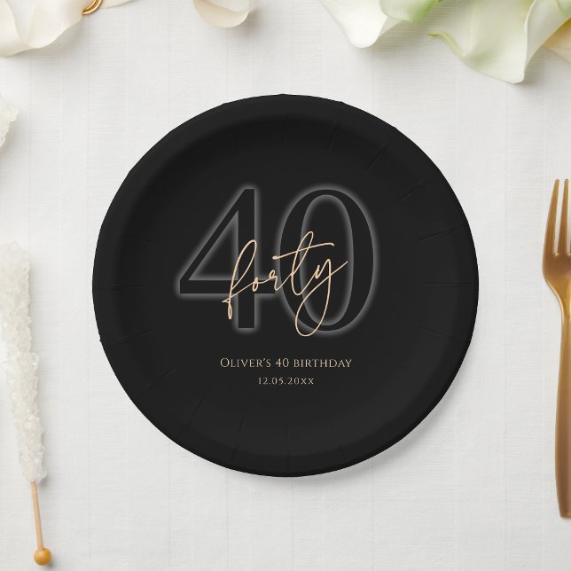 Assiettes en Papier Fête d'Anniversaire 40 ans Or  (Modern Black Gold 40th Birthday Party Paper Plates)