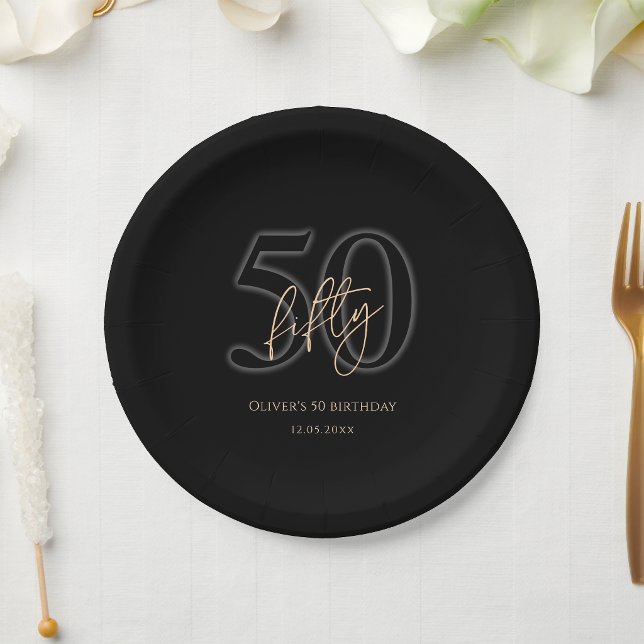 Assiettes en Papier Fête d'Anniversaire 50 ans Or  (Modern Black Gold 50th Birthday Party Paper Plates)
