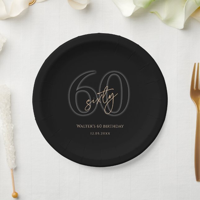 Assiettes en Papier Fête d'Anniversaire 60 ans Or  (Modern Black Gold 60th Birthday Party Paper Plates)