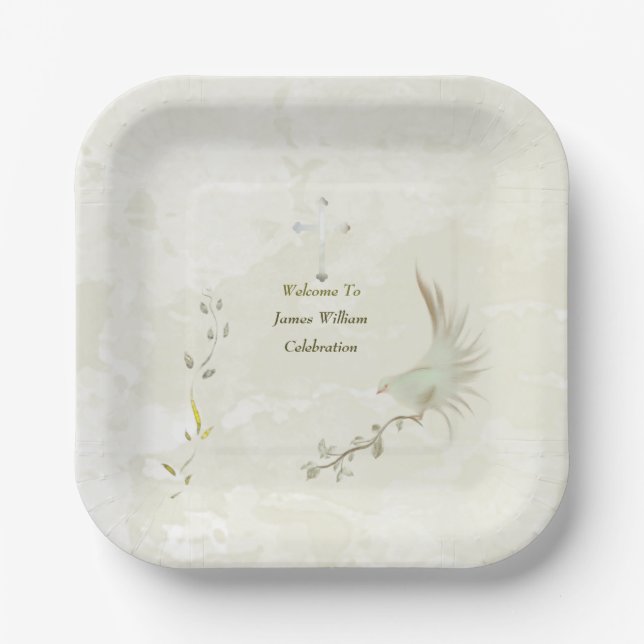 Assiettes en papier feuilles dorées et colombe  (Recto)