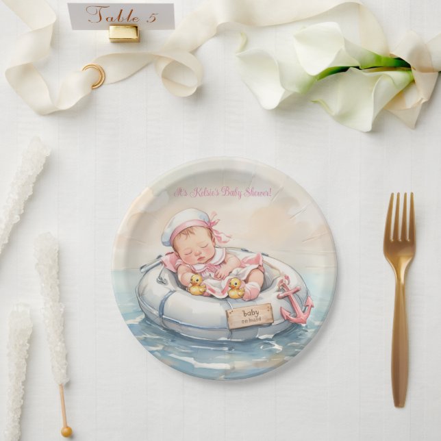 Assiettes en papier fille de marin bébé rose (Mariage)