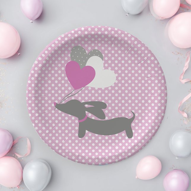 Assiettes en Papier Fille Rose Baby Shower Teckel (Pink dachshund baby shower paper plates - pink wiener dog party)