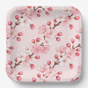 Assiettes en papier Fleur de Cerisier, Fête Rose S