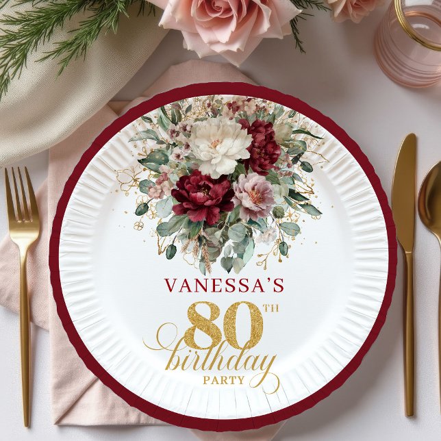 Assiettes en Papier Fleur Rouge Foncé Premium pour (Premium Deep Red Floral 80th Birthday Paper Plates)