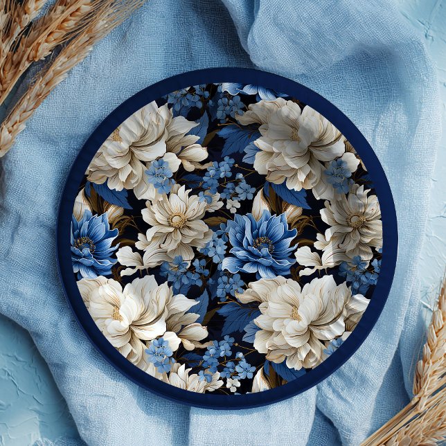 Assiettes en Papier Fleuries Élégantes Bleu Marine (Trendy Navy Blue Floral Stylish Party Paper Plates)
