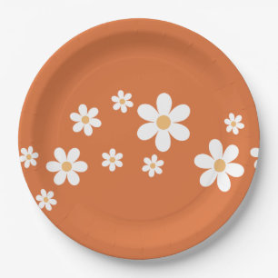 Assiettes en papier fleuries orange brûlé Retro Da