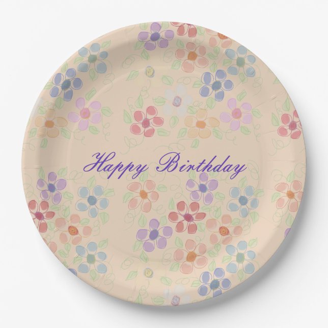 Assiettes en papier fleuries pastel pour anniversa (Devant)