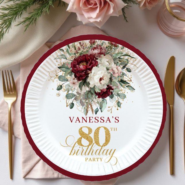 Assiettes en Papier Fleuries Rouge Profond Élégant (Stylish Deep Red Floral 80th Birthday Paper Plates)