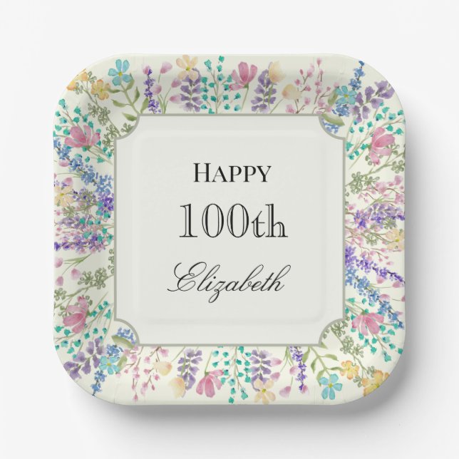 Assiettes en papier Fleurs Colorées 100e Anniversa (Recto)