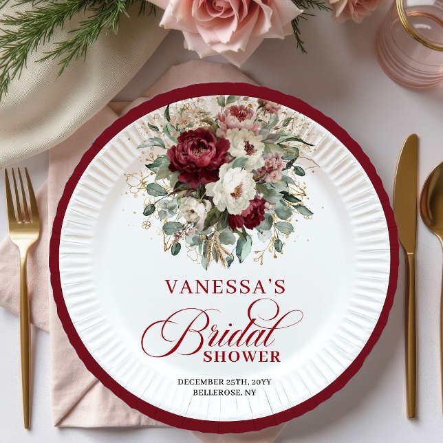 Assiettes en Papier Fleurs de Bourgogne pour Récep (Trendy Burgundy Floral Bridal Shower Paper Plates)