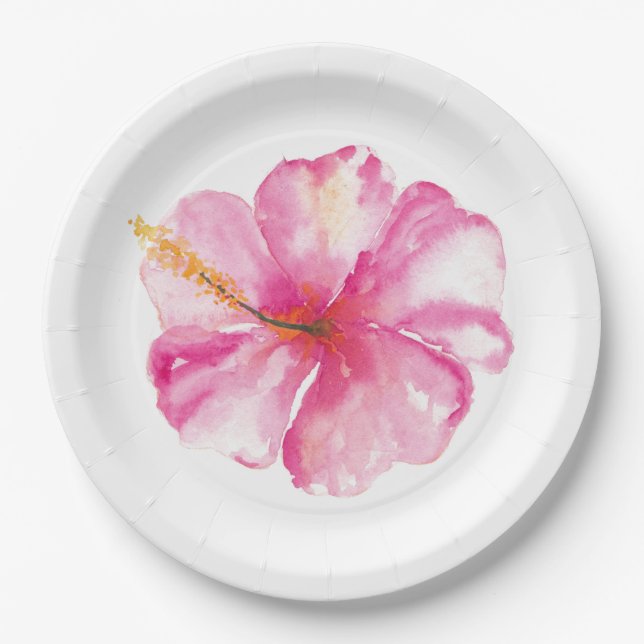 Assiettes en papier Fleurs d'Hibiscus Rose (Devant)