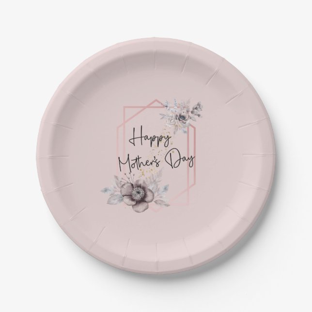 Assiettes en papier fleurs rose gris pour la fête  (Devant)
