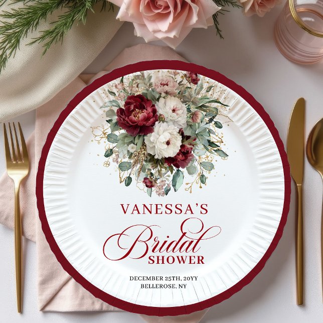 Assiettes en Papier Fleurs Rouge Profond Élégantes (Stylish Deep Red Floral Bridal Shower Paper Plates)