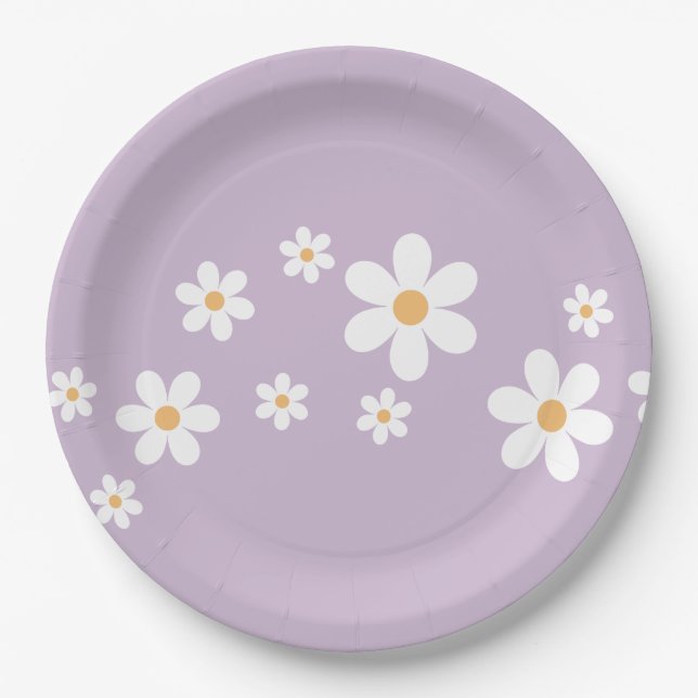 Assiettes en papier fleurs violettes Retro Daisy (Devant)
