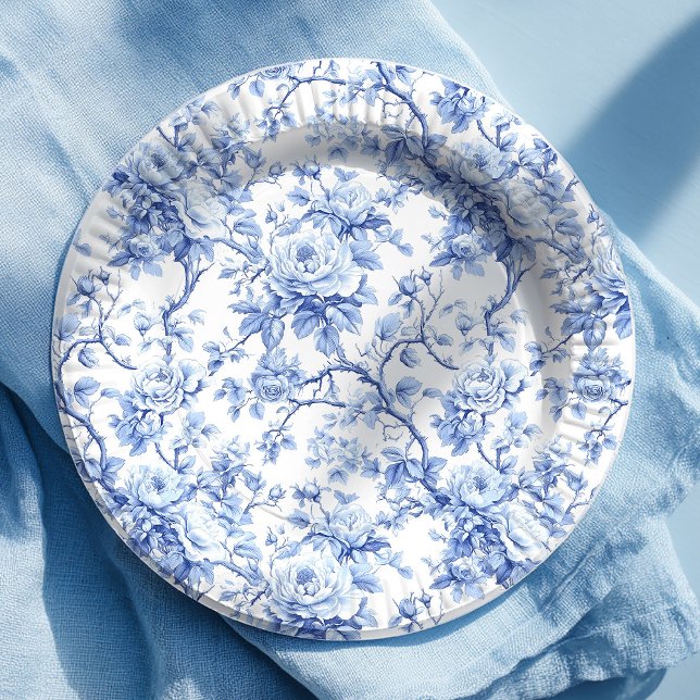 Assiettes en papier floral à motif toile de Jouy b (Ornate Blue French Toile Roses Floral Paper Plates)