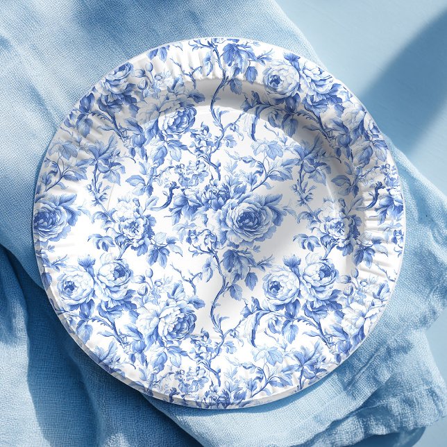Assiettes en papier floral à roses en toile de Jou (Royal Blue French Toile Roses Floral Paper Plates)