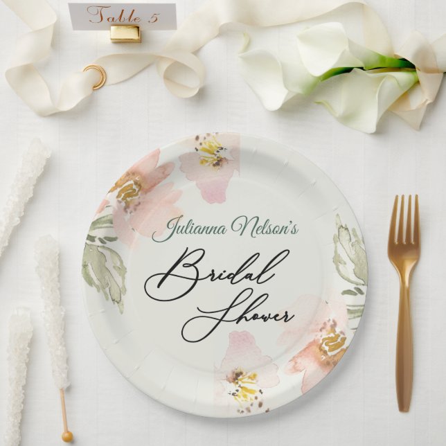 Assiettes en papier floral aquarelle pêche (Mariage)
