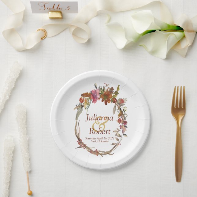 Assiettes en papier floral boho aquarelle (Mariage)