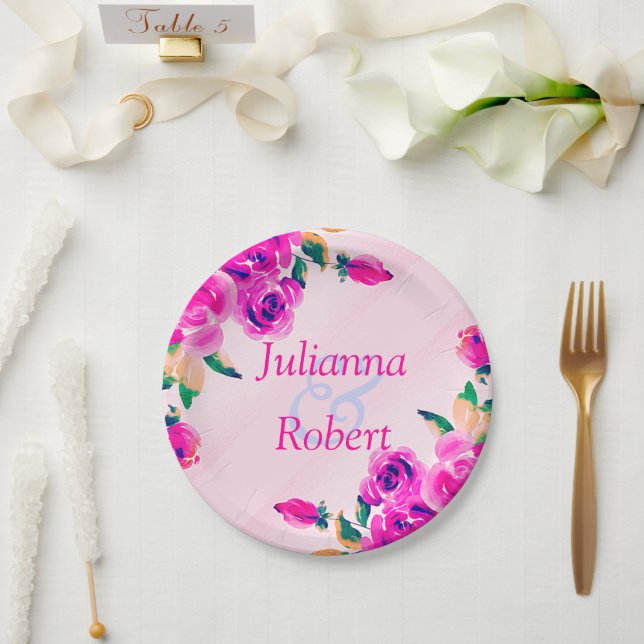Assiettes en papier floral rose (Mariage)