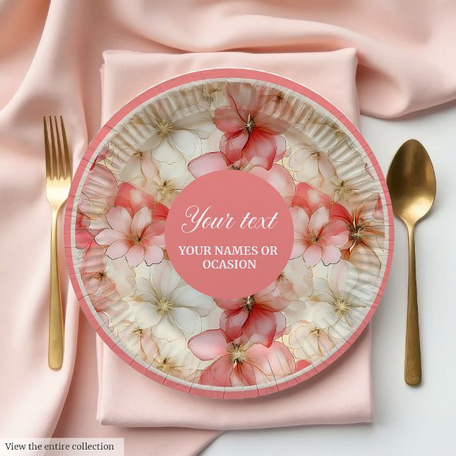 Assiettes en papier floral rose et or aquarelle (Watercolor Blush Pink and Gold Floral Paper Plates)