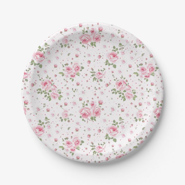 Assiettes en papier floral rose vintage (Devant)
