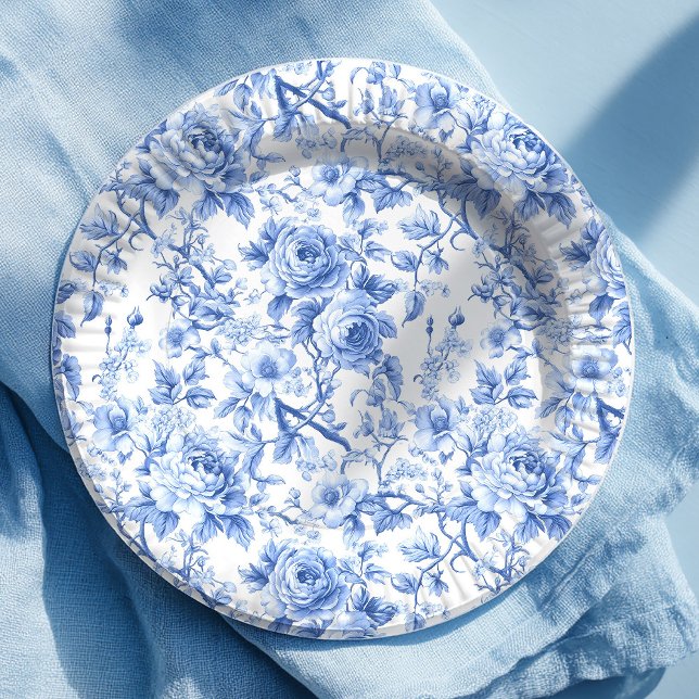 Assiettes en papier floral roses toile de Jouy ble (Navy Blue French Toile Roses Floral Paper Plates)