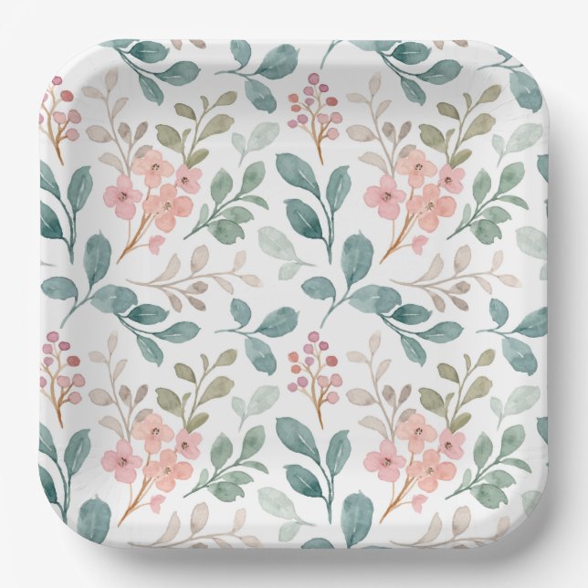 Assiettes en Papier Floral Vert Pêche, Fête Botani (Recto)