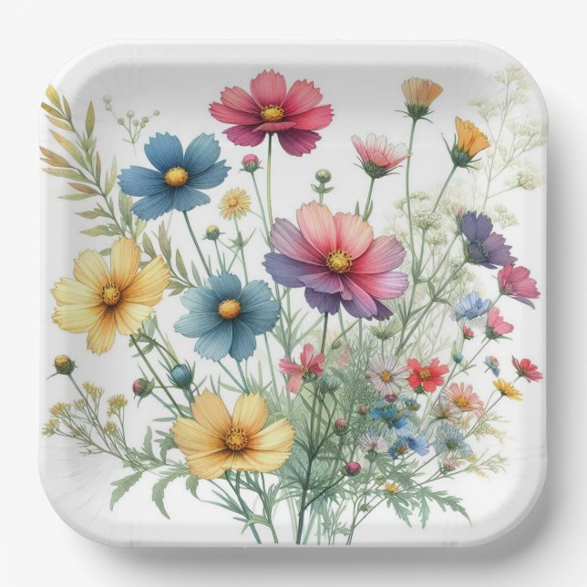 Assiettes en papier florales bleu rouge jaune, bot (Recto)