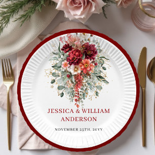 Assiettes en papier florales d'automne bordeaux ru