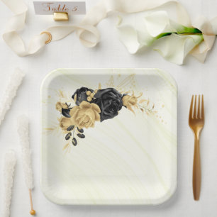 assiettes en papier florales élégantes or et noir
