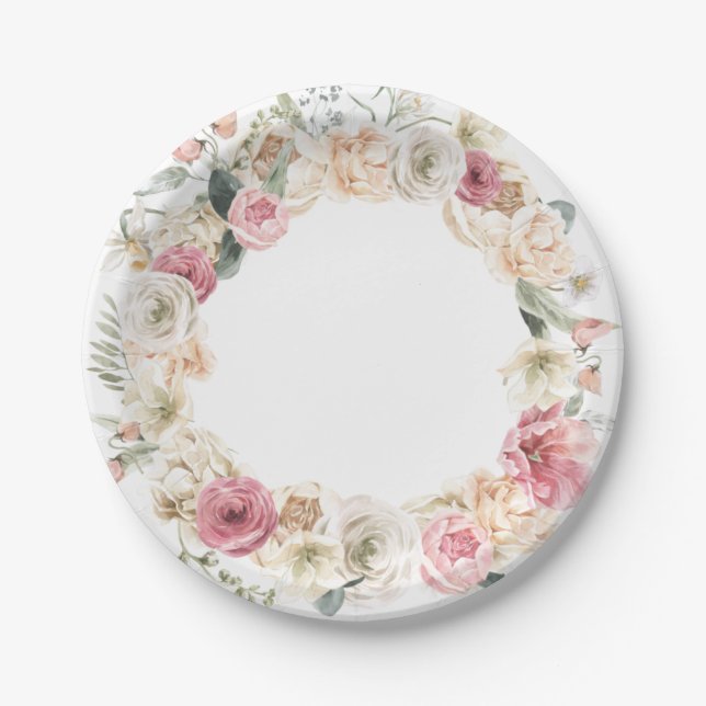 Assiettes en papier florales roses et blanches de  (Devant)