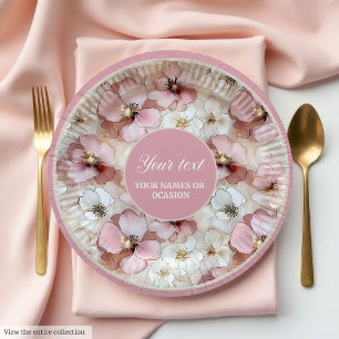 Assiettes en papier florales roses et or classique