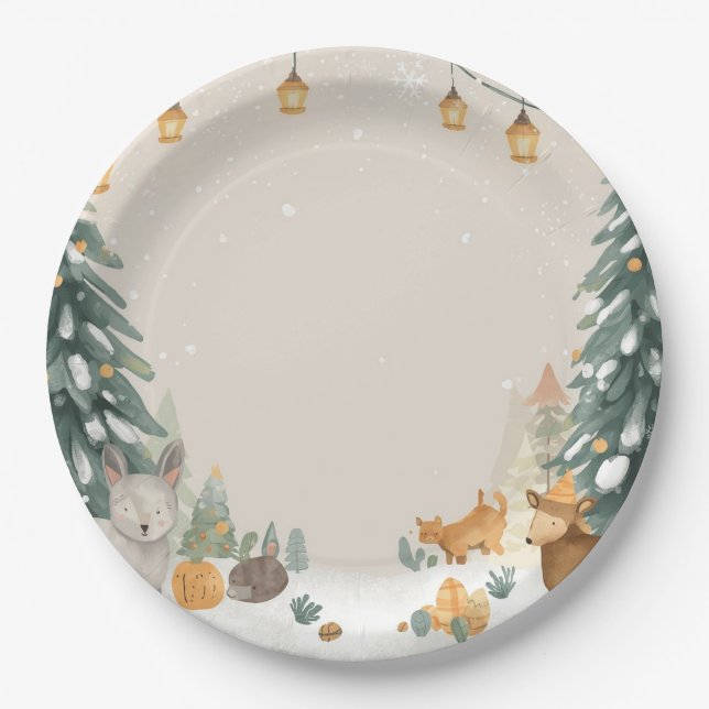 Assiettes en papier Forêt hivernale – Pins enneigé (Devant)