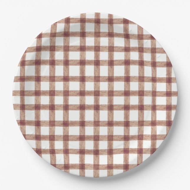 Assiettes en papier Gingham aquarelle au chocolat  (Devant)
