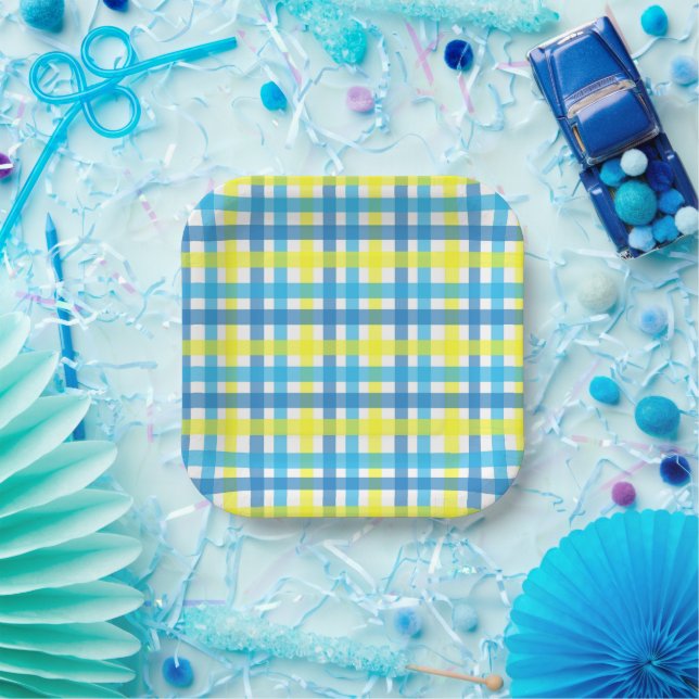 Assiettes en papier Gingham bleu et jaune pour fêt (Fête)