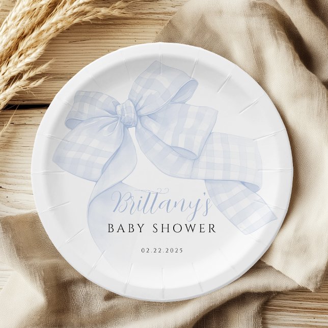 Assiettes en papier Gingham Blue Bow Baby Shower (Créateur téléchargé)