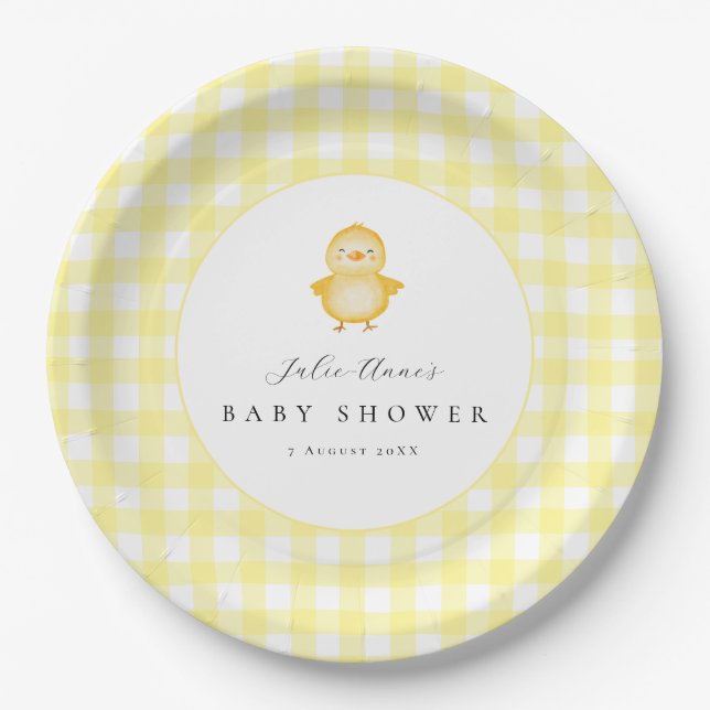 Assiettes en papier Gingham Canard Jaune pour Baby (Devant)