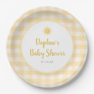 Assiettes en papier Gingham jaune soleil pour Baby