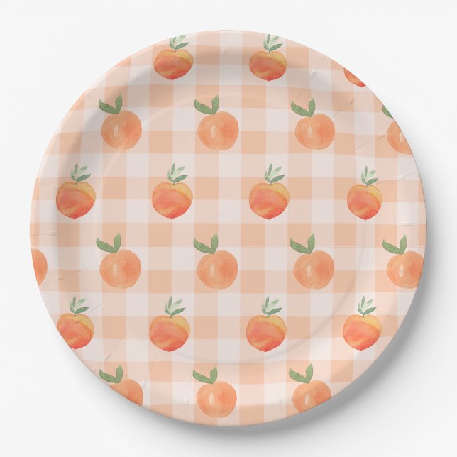 Assiettes en papier Gingham pêche (Devant)