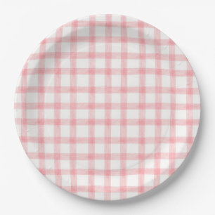 Assiettes en papier Gingham rose pâle aquarelle 00