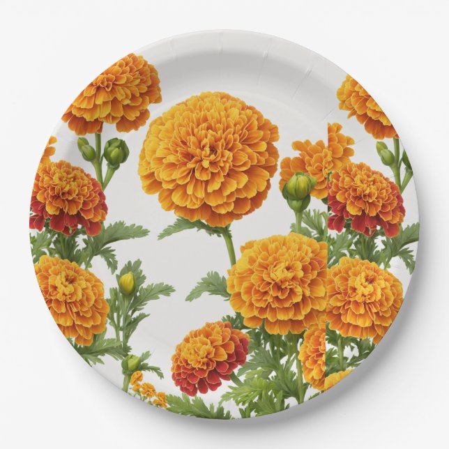 Assiettes en papier imprimé marigold vibrant. (Devant)
