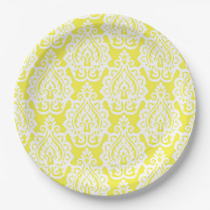 Assiettes en papier jaune et blanc dentelle chic