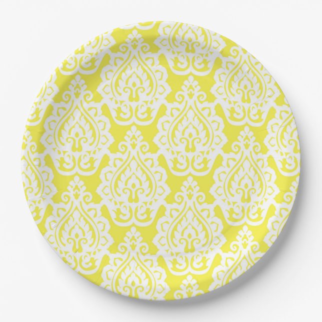 Assiettes en papier jaune et blanc dentelle chic (Devant)