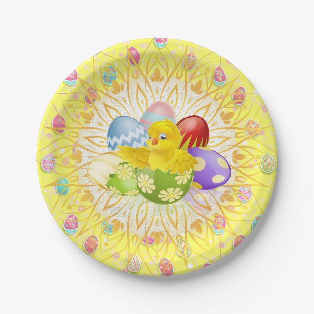 Assiettes en papier jaune Pâques poussin (Devant)