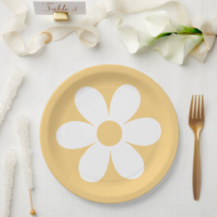 Assiettes en papier jaunes rétro bohème marguerite