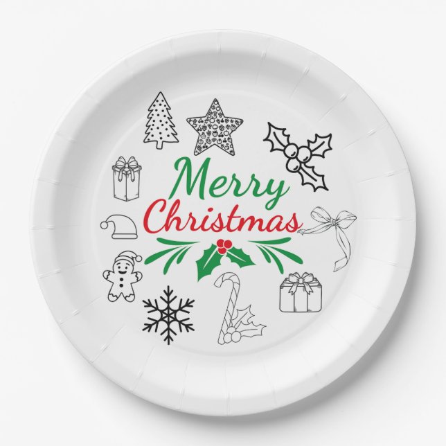 Assiettes en papier jolies doodles de Noël (Devant)